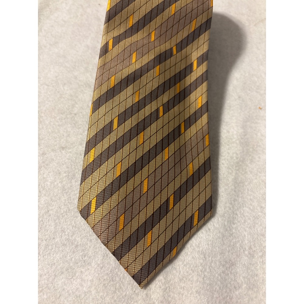 Bijoux Terner Necktie Mens OS Brown Tan Yellow Excellent Silk Striped Handmade
